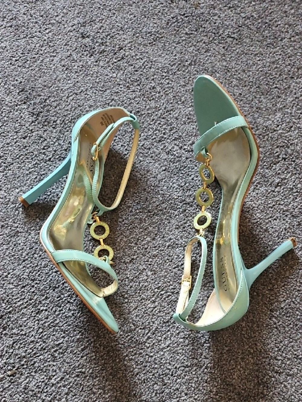 Mint Green Strappy Heeled Sandals with Gold Chain Accent